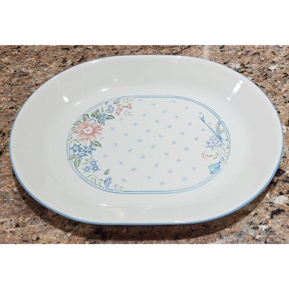 Corelle Blue Symphony 12 1/4" x 10" Platter Blue Stripe Peach Flower - Picture 5 of 11